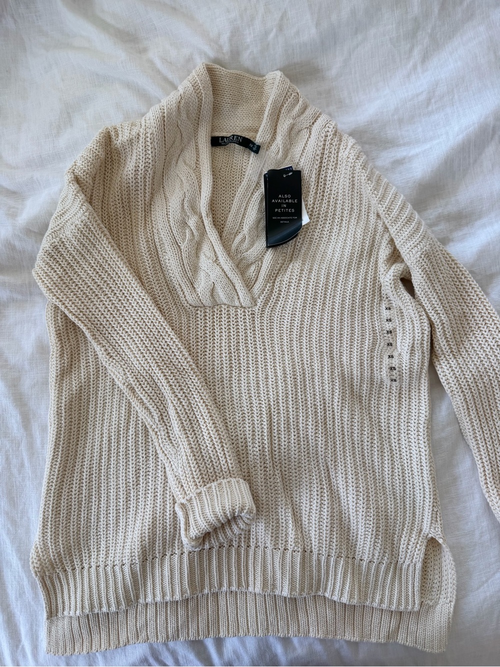 Lauren Ralph Lauren Ivory Cable-Trim V-Neck Sweater